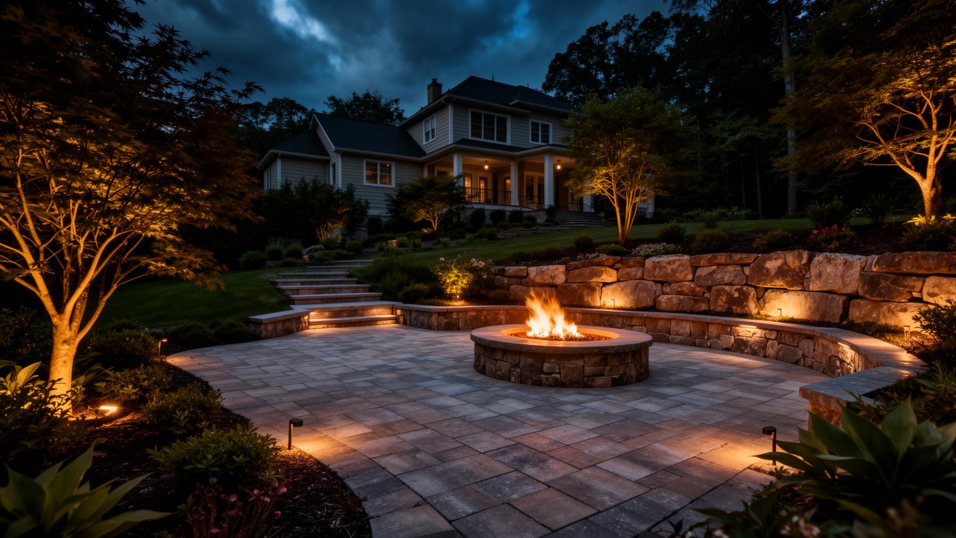 Premium paver patio with stone retaining wall and fire pit at dusk in South Jersey